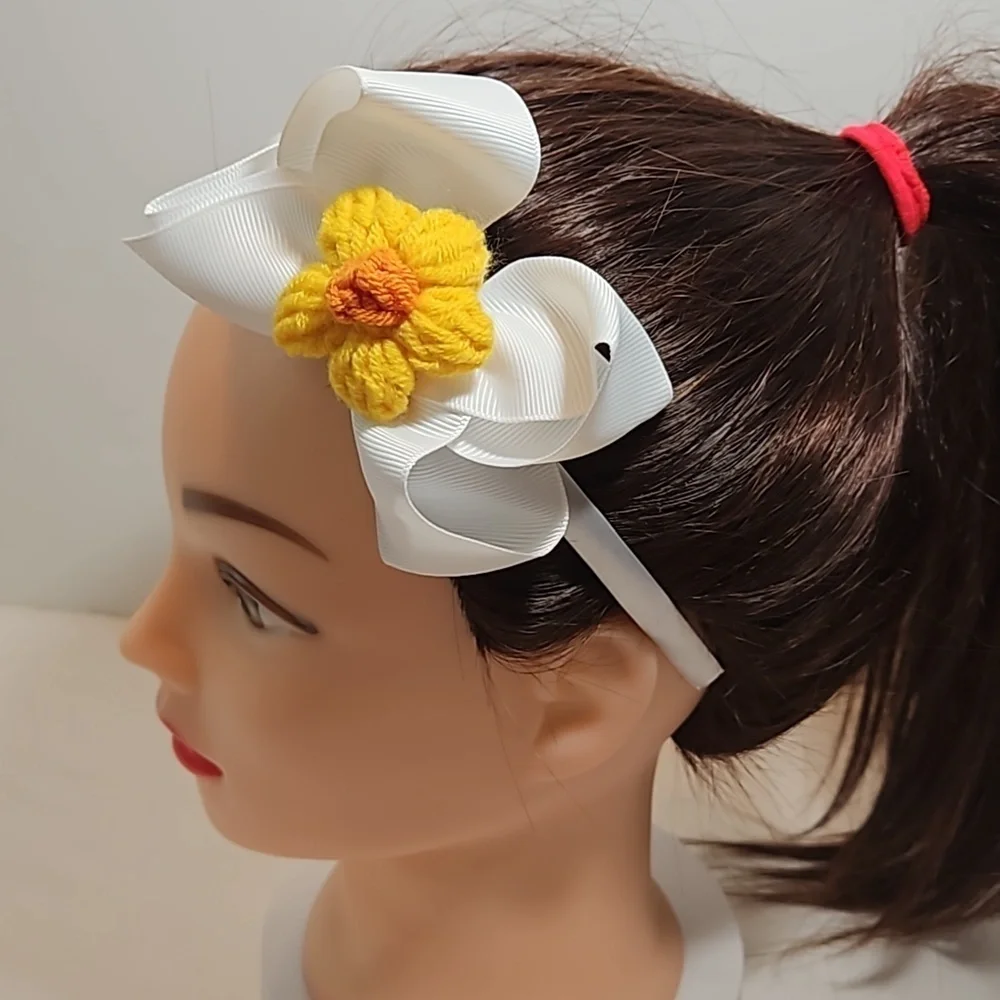 Hand Crafted White Bow Hairband Hand Knit Crochet Yellow Puffy Flower Coquette